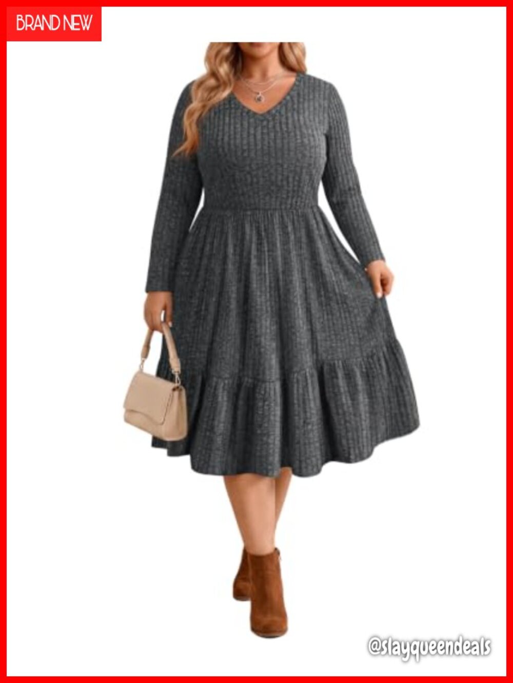 Plus Size Long Sleeve Knee Length Sweater Dress with Pockets